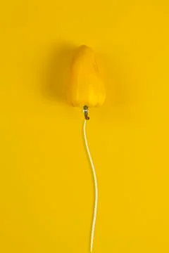 Creative idea on the fruit float in shape like balloon on color background Stock Photos