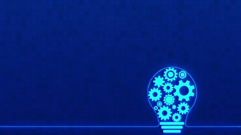 Creative idea gear motion visual cyan light bulb, mechanical cogs, blue grid bac Stock Footage 340568890