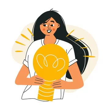 Creative idea generation concept Young Asian girl holding bright light bulb.  Stock Illustration