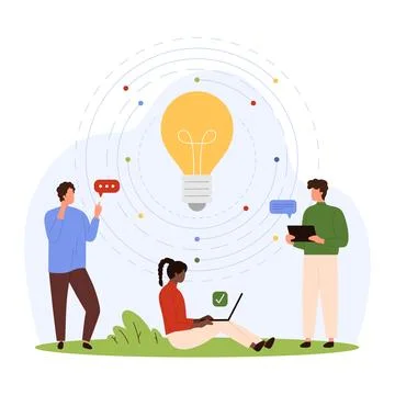 Creative idea generation, tiny people look for idea, work online on digital Stock Illustration