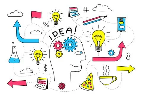 Creative Idea in the head of a person is a doodle flowchart Illustrazione stock