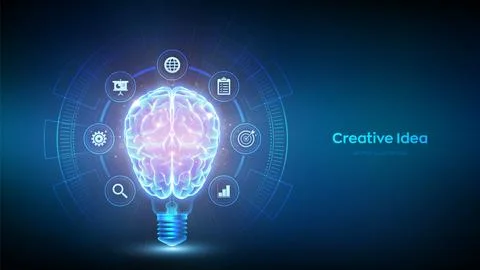 Creative Idea. Human brain in a light bulb. Business idea, brainstorming. C.. イラスト素材