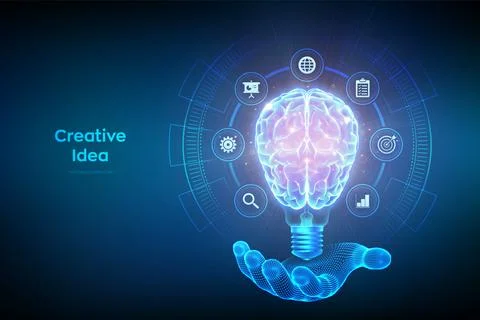 Creative Idea. Human brain in light bulb. Business idea, brainstorming. Cre.. Illustrazione stock