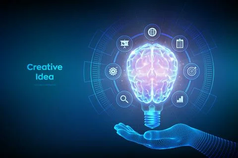 Creative Idea. Human brain in light bulb. Business idea, brainstorming. Creat Stockillustratie