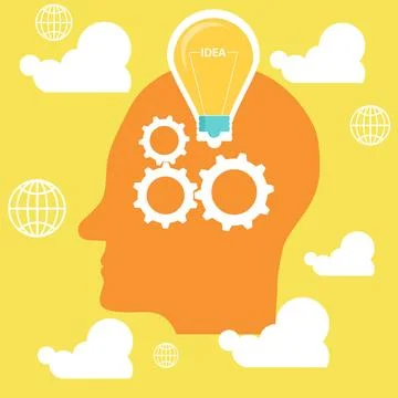 Creative idea, human head with a light bulb and gears. Vector Stock Illustration