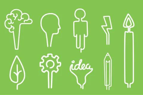 Creative idea icons cartoon flat brainstorm vector illustration set isolated Stock Illustration