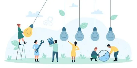 Creative idea, insight, efficiency, tiny character holding yellow light bulb of Illustration