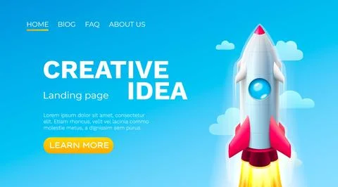 Creative Idea Landing Page with Rocket Launch. Stock Illustration