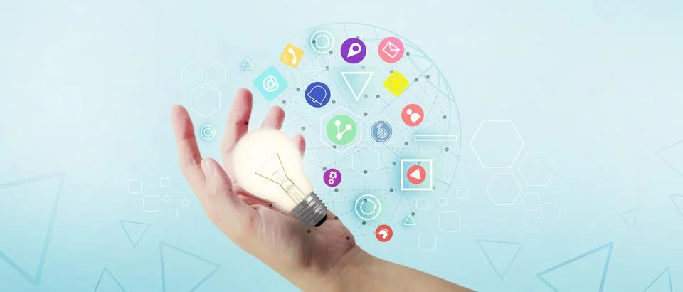 Creative idea light bulb of the hand in childhood and learning to use technology Stock Illustration
