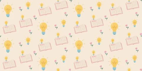 Creative idea light bulbs and open books with floral elements seamless pattern Stock Illustration