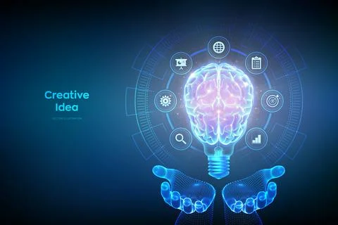 Creative Idea. Lightbulb with brain in hands. Human brain in light bulb. Cr.. Illustrazione stock