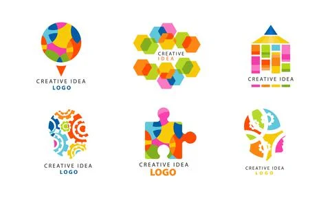 Creative Idea Logo with Bright Colored Head, Jigsaw Puzzle and Pencil Vector Set Stock Illustration
