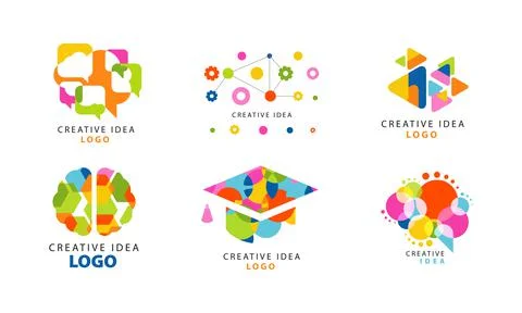 Creative Idea Logo with Bright Colored Brain and Shapes Vector Set Stock Illustration