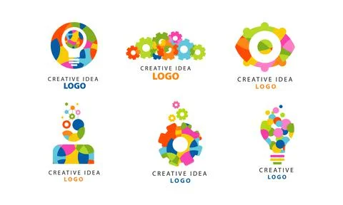 Creative Idea Logo with Bright Colored Gear Wheel and Light Bulb Vector Set イラスト素材
