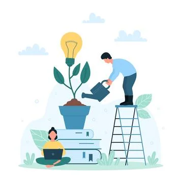 Creative idea research and development, tiny people grow light bulb, develop Stock Illustration