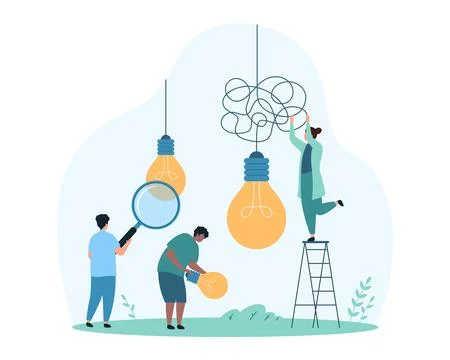 Creative idea research, simplification solution, tiny people unravel tangled Stockillustratie