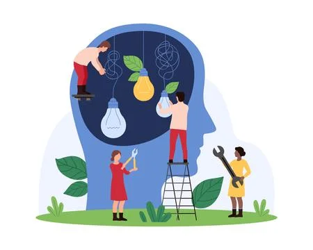 Creative idea to solve problem, tiny people repair dark broken bulbs inside Illustrazione stock