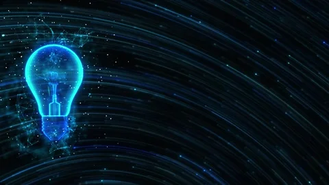 Creative idea technology visual bright blue bulb, flowing data arcs, white parti Stock Footage 340527983