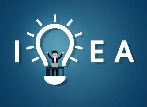 Creative idea text light bulb icon. on blue background. businessman in worksp イラスト素材