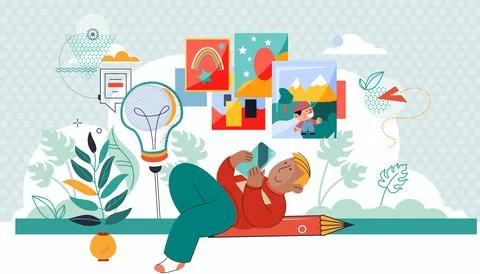 Creative ideas and technologies concept. Smiling boy lying with smartphone Stock Illustration