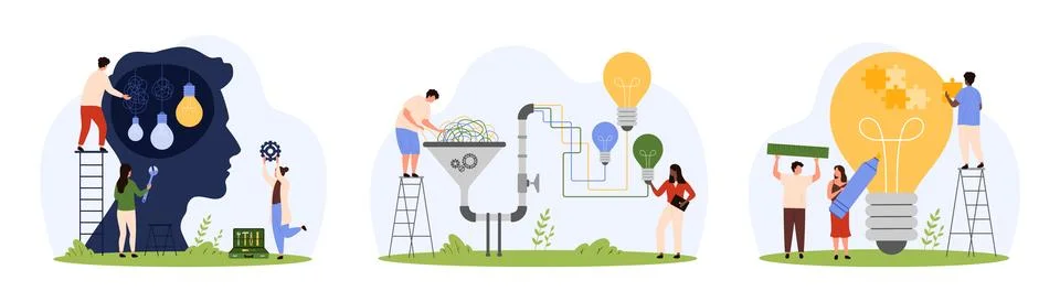 Creative ideas, insight and solution search, brainstorming process set of tiny Stock Illustration