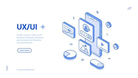 Creative illustration features isometric line art elements related to UX UI.. Stock Illustration