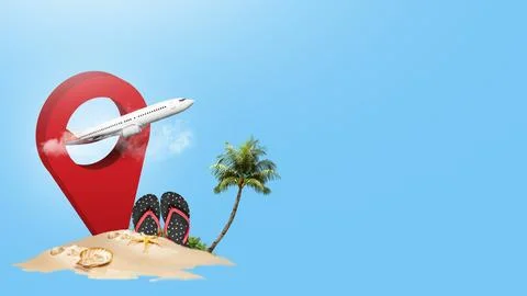 A creative illustration featuring a red map pointer, an airplane, and a tro.. 库存照片