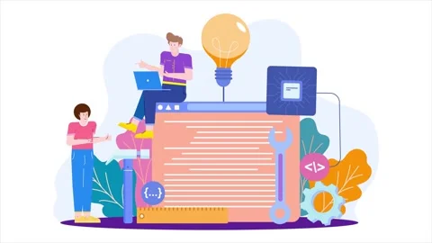 Creative illustration of programmers collaborating on software development Video stock 292947987