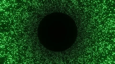 Creative illustration of a round frame formed by countless green neon particles. Stock Photos