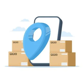 Creative illustration of smartphone, location pin, and shipping boxes Stock Illustration