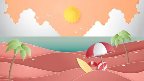 Creative illustration summer background concept with landscape of beach and s Illustrazione stock