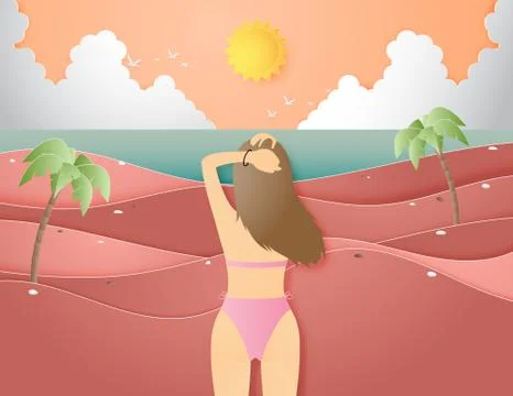Creative illustration summer background concept with landscape of beach and s Stock Illustration