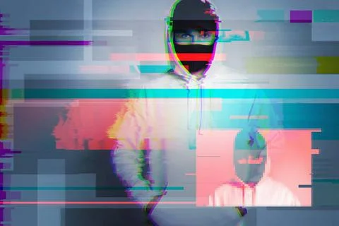 Creative image with anonymous hacker with glitch and interference effects ... Stock Photos