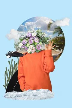 Creative image, art collage with portrait of young stylish woman with bouquet of Stock Photos