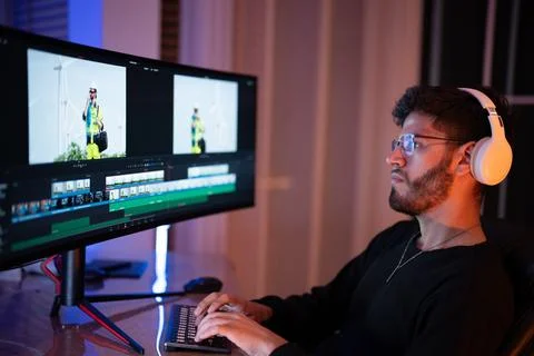 Creative individual editing video content on a large monitor while wearing .. Fotos de archivo