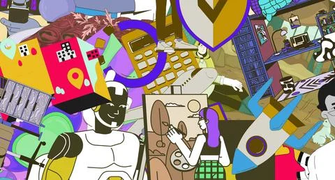 Creative industry collage 2D illustration concept Stock Illustration