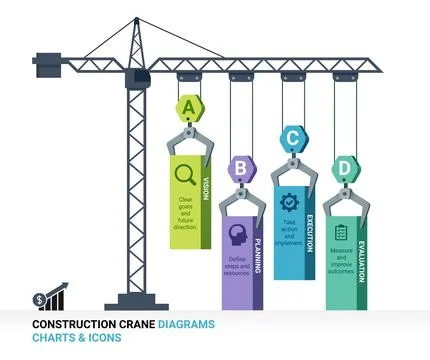Creative infographic bar chart with construction game crane lifting colorfu.. Ilustración de archivo