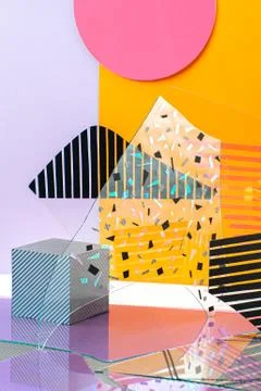 Creative installation of multi-colored glasses and shapes. Stock Photos