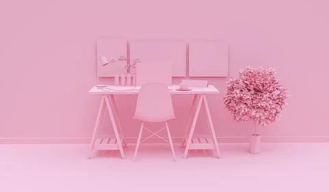 Creative interior study room in pink studio with comfortable table and chair. Ilustración de archivo