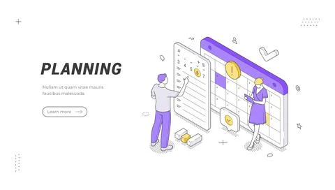 Creative isometric banner template showing project planning and time manageme Stock Illustration