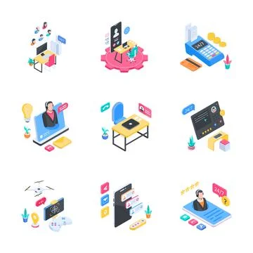 A creative isometric illustration pack presenting digital customer service and Иллюстрация