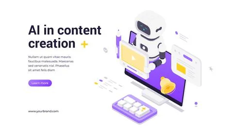 Creative isometric vector banner template with robot assistant holding video  イラスト素材