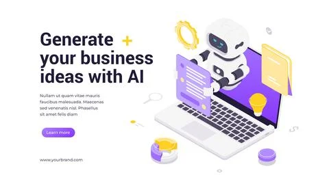 Creative isometric vector banner template with robot assistant generating bus 스톡 일러스트