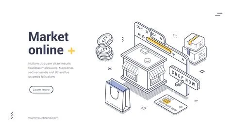 Creative isometric web banner template for online market promotion Stock Illustration