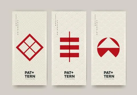 Creative Japanese abstract patterns featuring bold symbolic graphics over t.. Illustrazione stock