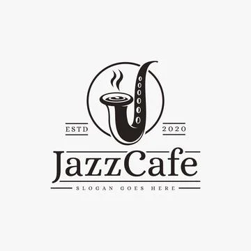Creative Jazz bar, jazz cafe logo with J saxophone and  coffee cup vector Stock Illustration