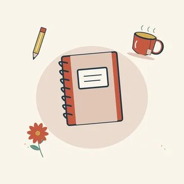 Creative journaling with a notebook and warm tea. Decorative flat vector comp 스톡 일러스트