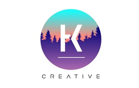 Creative K Letter Logo Design with Pine Forest Vector Shapes and Pastel Color Stock Illustration