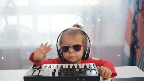 Creative kid playing midi keyboard with joy 動画素材 327725603