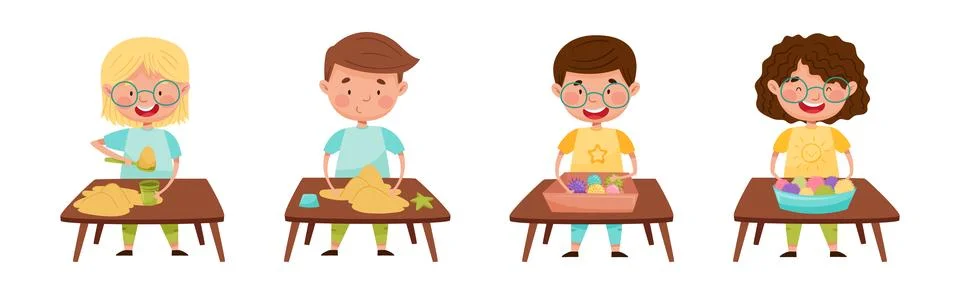 Creative Kid at Table Engaged in Handcraft Activity Vector Set Illustrazione stock